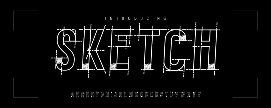 Sketch Font is A futuristic sketch blueprint display font with technical grid lines, wireframe structure, and architectural sci-fi aesthetics.