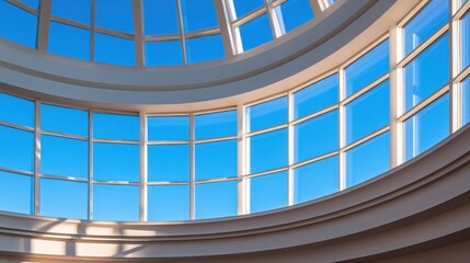 Fototapeta premium Curved glass skylight arches over a grid of panes, blue sky peeks through, sunlight casting soft shadows. glow