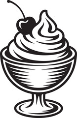 Delicious Sundae With Cherry On Top In Black And White Style Illustration On Transparent