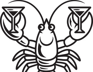 Cartoon lobster holding two beverage glasses with funny smile and cute seafood