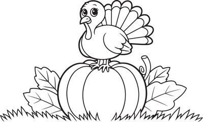Turkey illustration on pumpkin with autumn leaves harvest season art drawing