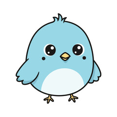 Obraz premium Cute cartoon blue bird with black eyes and orange beak on white background