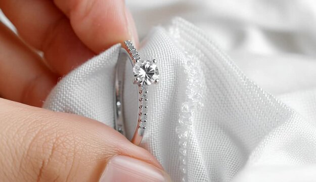 Close-up photograph of hands holding a diamond engagement ring on white soft fabric, elegant solitaire diamond ring with pave band, hands gently cradling white cloth with ring placed on top