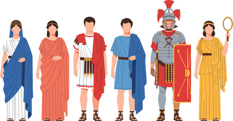 Ancient Roman people illustration set showing traditional clothing, soldier armor, civilian costumes, and historical characters in flat vector style