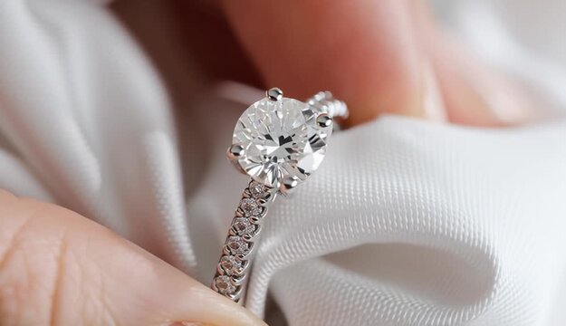 Close-up photograph of hands holding a diamond engagement ring on white soft fabric, elegant solitaire diamond ring with pave band, hands gently cradling white cloth with ring placed on top