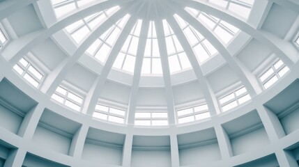 Fototapeta premium Circular glass dome interior with intersecting white arches, soft blue lighting, and geometric symmetry. glow!