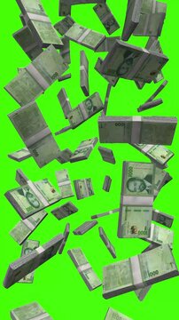 Vertical Mozambican Metical bills falling on chromakey, MZN cash rain
