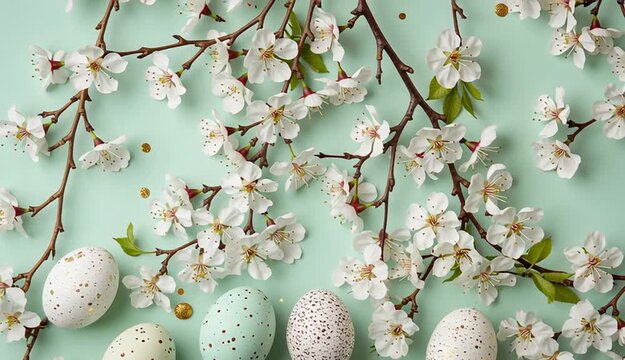 Easter eggs and spring cherry blossoms on light green background, top border composition, speckled eggs in white, turquoise green, and beige with brown spots