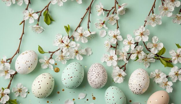 Easter eggs and spring cherry blossoms on light green background, top border composition, speckled eggs in white, turquoise green, and beige with brown spots