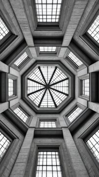A grand interior atrium with a glass octagonal skylight, stone arches, and precise geometric symmetry Balanced