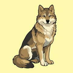 Sitting Brown Wolf in Flat Design Vector Illustration
