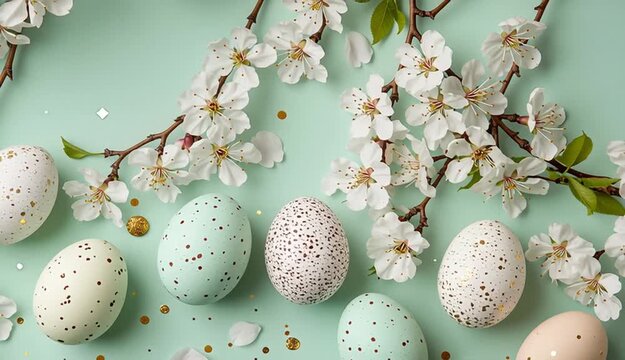 Easter eggs and spring cherry blossoms on light green background, top border composition, speckled eggs in white, turquoise green, and beige with brown spots