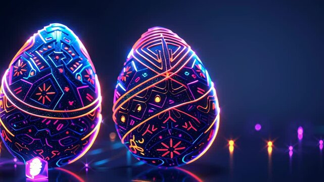 Vibrant neon easter eggs glow with pulsating colors and dynamic light patterns