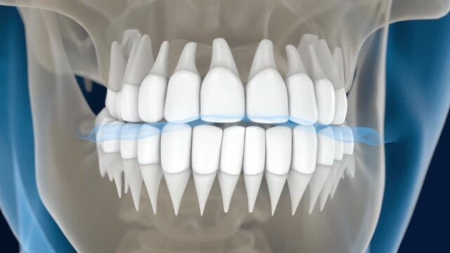 Human teeth in skull side view showing jaw structure and misaligned teeth placement in realistic perspective, 3d render