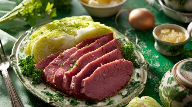 Sliced corned beef on a decorative platter with cabbage and garnishes, showcasing a vibrant St. Patrick's Day feast with rich textures and colors
