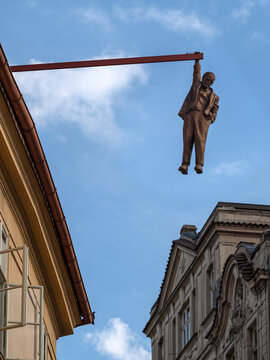 PRAGUE,  CZECH REPUBLIC - JULY 18, 2019:  Man Hanging Out statue (by David Cerny)