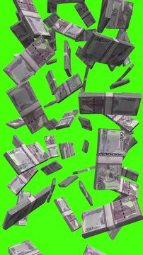 Vertical Botswana Pula bills falling on chromakey, BWP cash rain