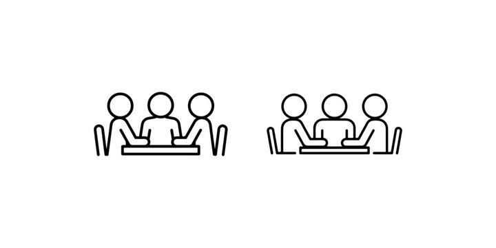 Two isometric line art vector icons showing three people sitting at a table in discussion isolated on white background symbolizing teamwork
