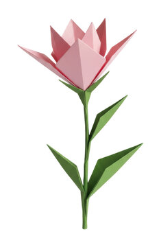 Pink Folded Paper Lily Flower With Stem displays sharp geometric petals and elegant green leaves that capture the essence of traditional origami craft for festive symbols