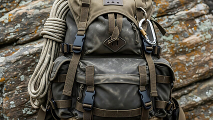 Tactical backpack with climbing ropes and gear on rocky background