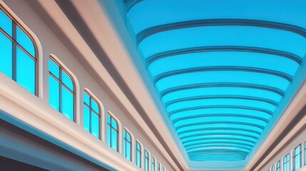 Fototapeta premium Interior of a futuristic transit hall featuring curved blue ceiling arches, bright windows, and white walls.!!