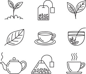 Tea set collection drink beverage teapot cup leaf teabag element illustration art