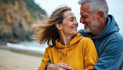 Couple embraces on beach shore. Wind blows woman hair. Man and woman look at each other with affection and happiness. They enjoy their time together outdoors by the sea.