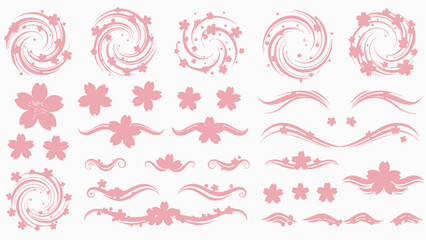 Pink Cherry Blossom Swirls and Floral Ornaments - Vector Graphics Set