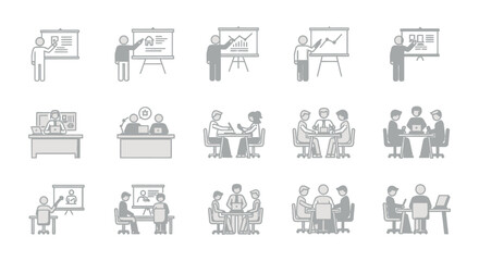 Fototapeta premium business meeting icons vector pack showing professionals collaborating presenting and training within an office environment.