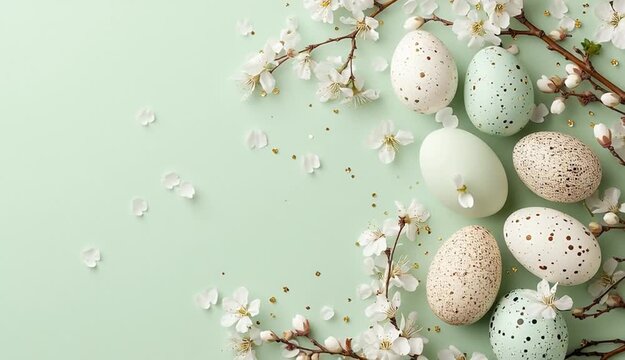 Easter eggs and spring cherry blossoms on light green background, top border composition, speckled eggs in white, turquoise green, and beige with brown spots