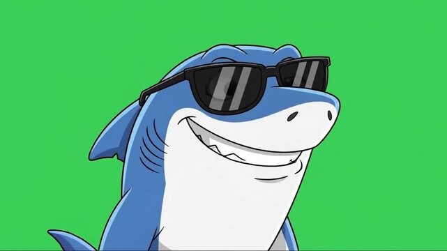 Animated cartoon shark wearing sunglasses with a cheerful smile on a vibrant green background