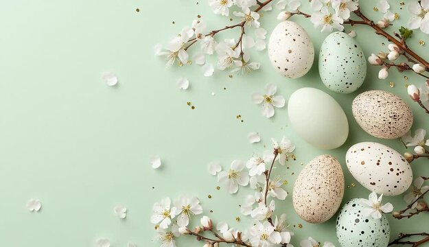 Easter eggs and spring cherry blossoms on light green background, top border composition, speckled eggs in white, turquoise green, and beige with brown spots