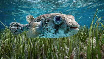 Obraz premium Underwater pufferfish swimming among green seaweed in clear blue water