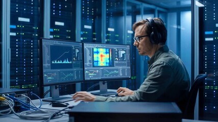 Software engineer analyzing complex data on dual monitors in high-tech server room. Professional wearing headphones monitoring network performance in data center - Powered by Adobe