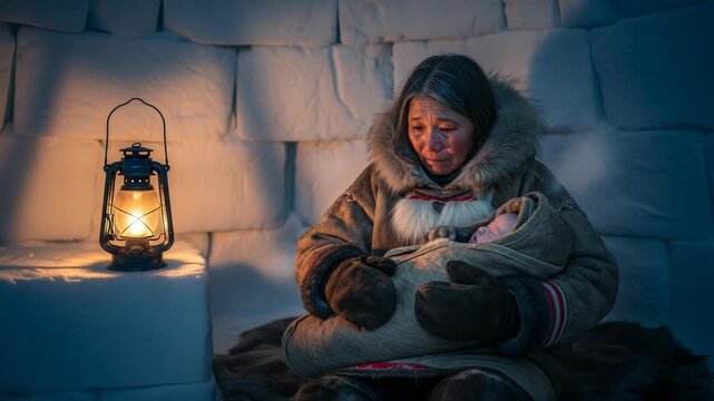 Woman in traditional clothing sitting with baby in an igloo lit by a lantern at night