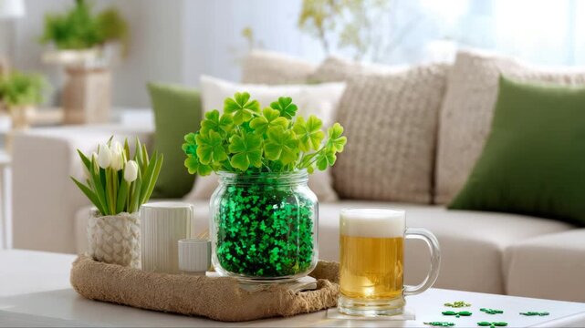 Green clover plant in a glass jar with decorative beads, surrounded by white flowers and a beer mug on a cozy table, showcasing festive decor for celebration