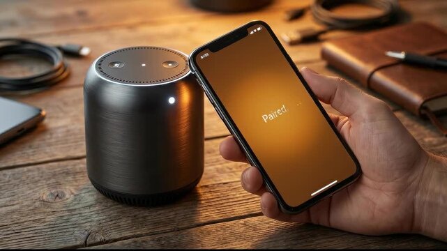 A person's hand interacts with a smart speaker and phone, showcasing cutting-edge technology and seamless connectivity, a fusion of innovation and user experience.