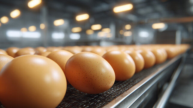 Row of fresh brown organic eggs moving on a conveyor belt in a modern industrial poultry factory or egg production facility
