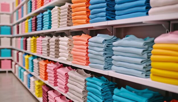 Neatly folded stacks of colorful t-shirts on white retail shelves, organized rows of folded clothing in coral pink, yellow, light blue, turquoise, and pastel colors, retail store display