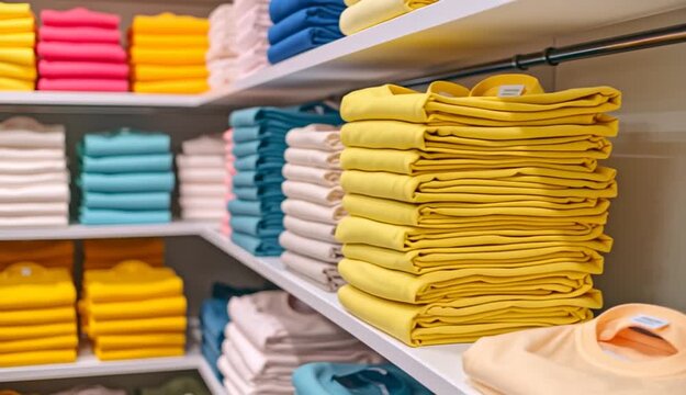 Neatly folded stacks of colorful t-shirts on white retail shelves, organized rows of folded clothing in coral pink, yellow, light blue, turquoise, and pastel colors, retail store display