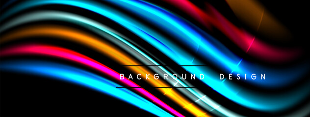 Abstract flowing lines, vibrant colors, dark background. Modern design element, smooth gradients, dynamic composition.