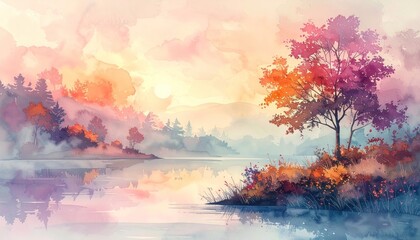 Fototapeta premium Vibrant Watercolor Landscape of a Serene Lake at Sunrise.