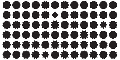 Fototapeta premium Black starburst stamp seal and labels vector set. Jagged sunburst badges, circle stickers, and rosette shape collection for design elements. Black abstract sunburst and starburst shapes collection eps