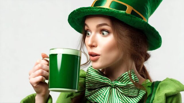 Excited woman in green attire and hat joyfully holds a mug of green beverage, showcasing surprise and delight while celebrating St. Patrick's Day festivities
