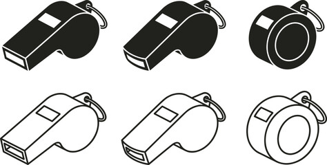 Whistle icon set, referee sport whistle, emergency safety signal, flat outline black white vector illustration collection design symbols pack bundle © MstRuna
