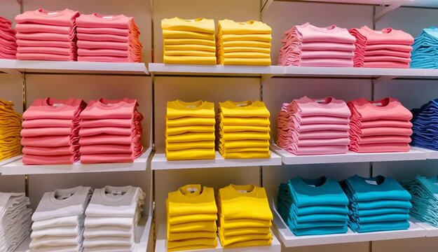 Neatly folded stacks of colorful t-shirts on white retail shelves, organized rows of folded clothing in coral pink, yellow, light blue, turquoise, and pastel colors, retail store display