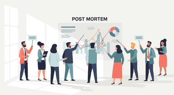Data-Driven Corporate Team Conducting a Strategic Post-Mortem Analysis to Maximize Future Performance and Lessons Learned