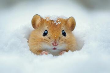 Adorable tiny rodent hiding in soft snow tunnel during winter day, peaceful and curious wildlife scene in generative ai
