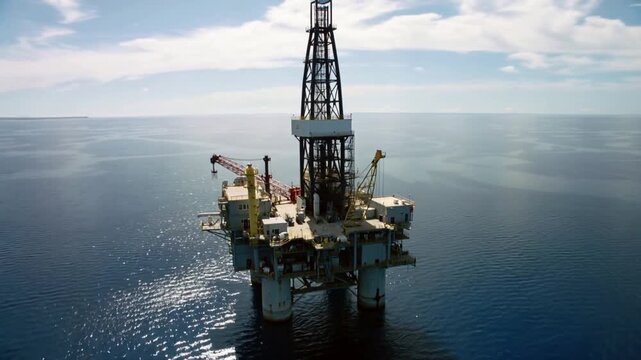 Offshore oil production facility anchored in deep water. Industrial complex featuring drilling derrick and red crane under blue sky.
