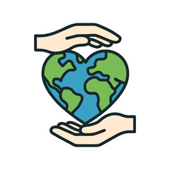 Fototapeta premium earth, globe, world, heart, hands, care, protection, environment, ecology, save the planet, charity, global, love, unity, community, icon, vector, illustration